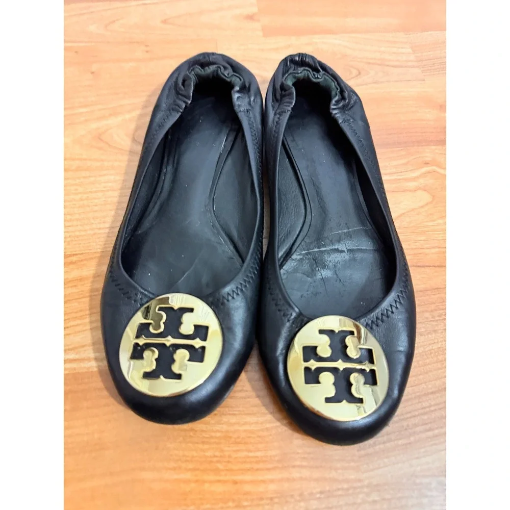 Tory Burch Womens Reva Comfort Ballet Flats Size 6.5 Black Leather Logo Designer